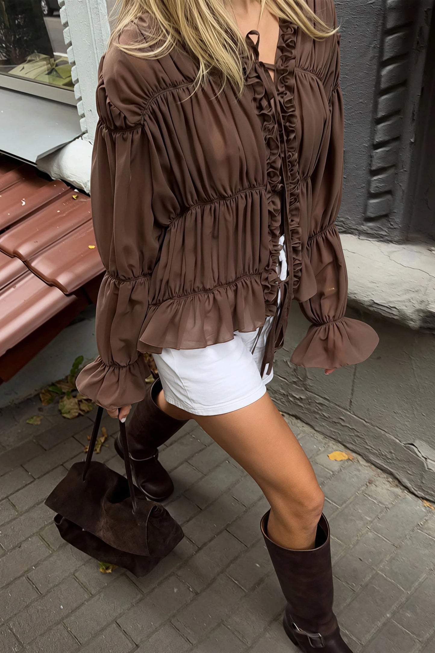Gerüschte Rüschenbluse mit Bindeband und V-Ausschnitt für Damen