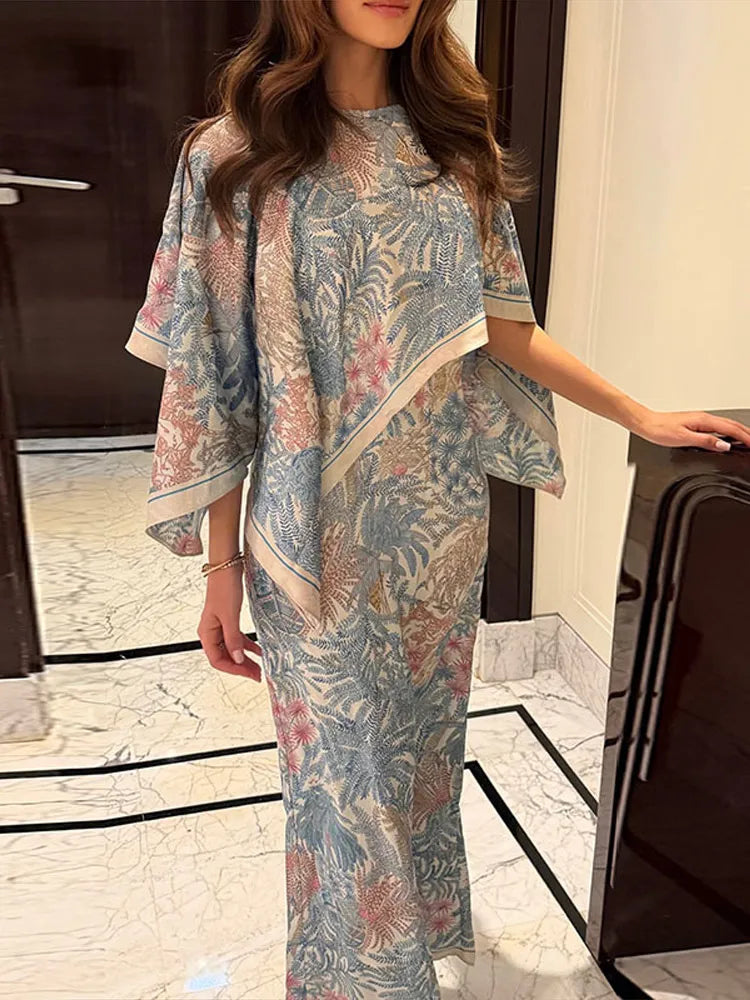 Maxikleid für Damen mit figurbetontem Schnitt, Blumenmuster, Cape-Overlay und Stola
