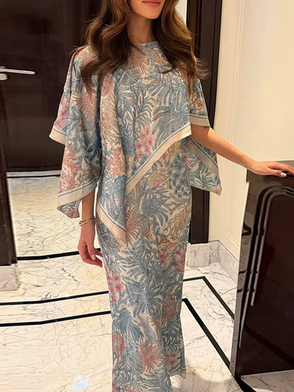 Maxikleid für Damen mit figurbetontem Schnitt, Blumenmuster, Cape-Overlay und Stola