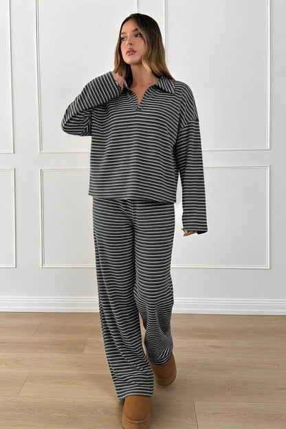 Zweiteiliges Loungewear-Set mit Kontraststreifen und Umlegekragen