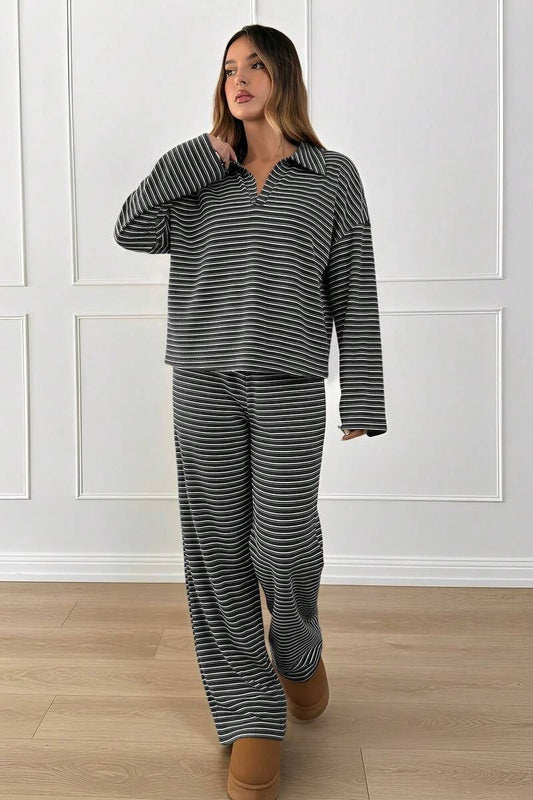 Zweiteiliges Loungewear-Set mit Kontraststreifen und Umlegekragen