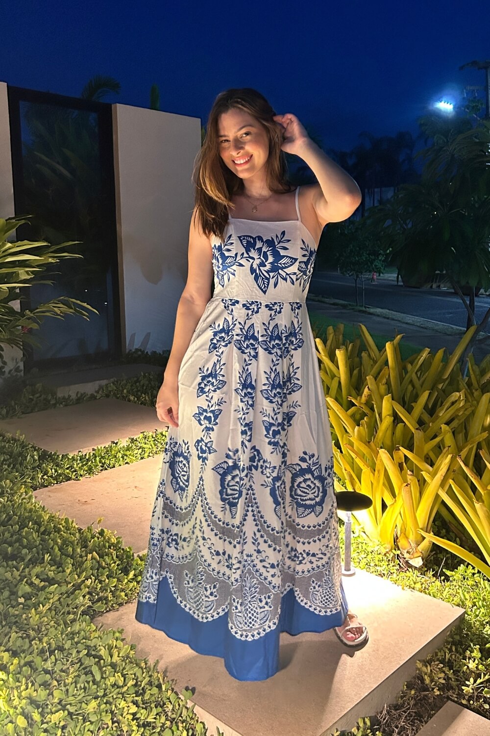 Polyester Spaghetti-Träger Midikleid Blau
