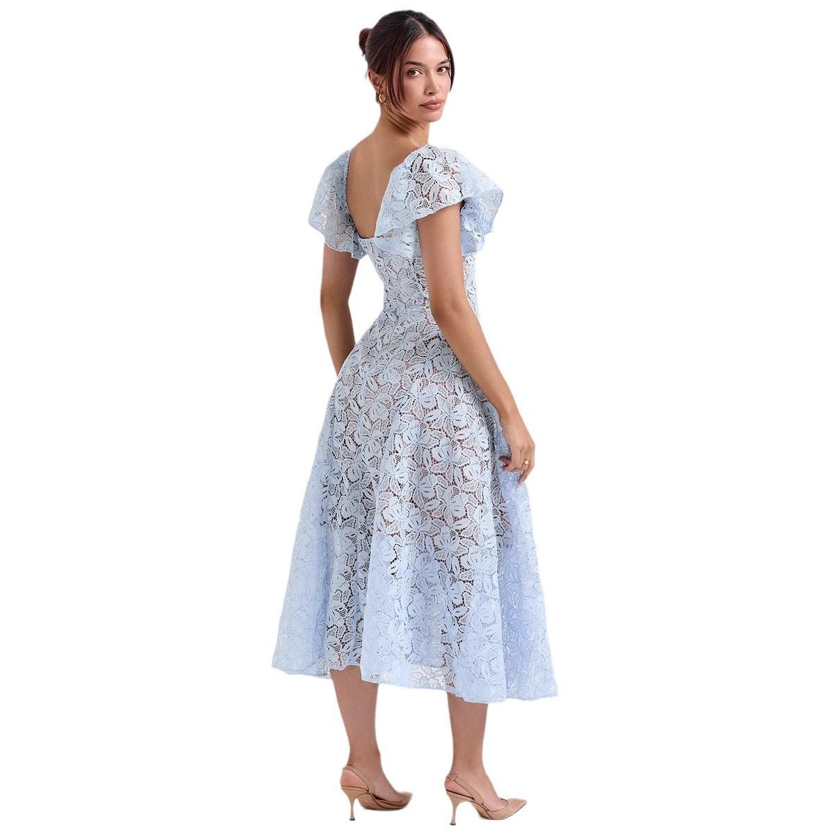 Spitzen Kleid mit Glockenärmeln Midi Blau