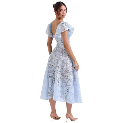 Spitzen Kleid mit Glockenärmeln Midi Blau