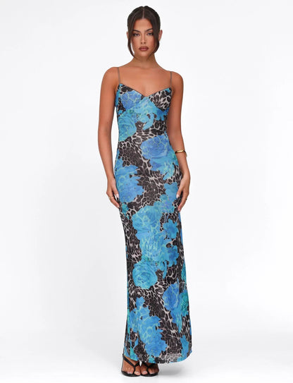 Floral bedrucktes Bodycon-Maxikleid mit Sweetheart-Ausschnitt in Blau