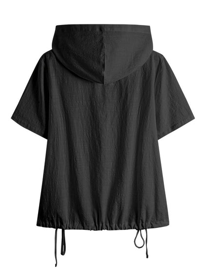 Texturierter lockerer Kapuzenpullover mit kurzen Ärmeln und Knopfleiste