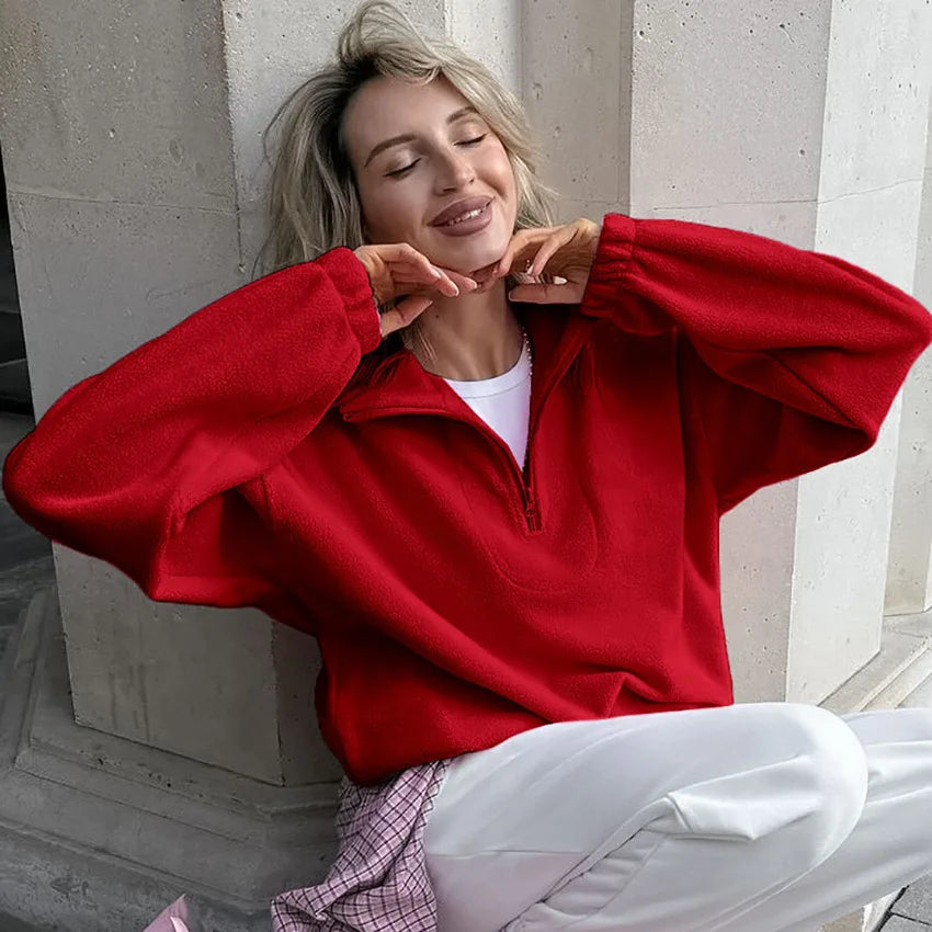 Damen-Fleece-Sweatshirt mit Reißverschluss, Stehkragen, lockerem Schnitt