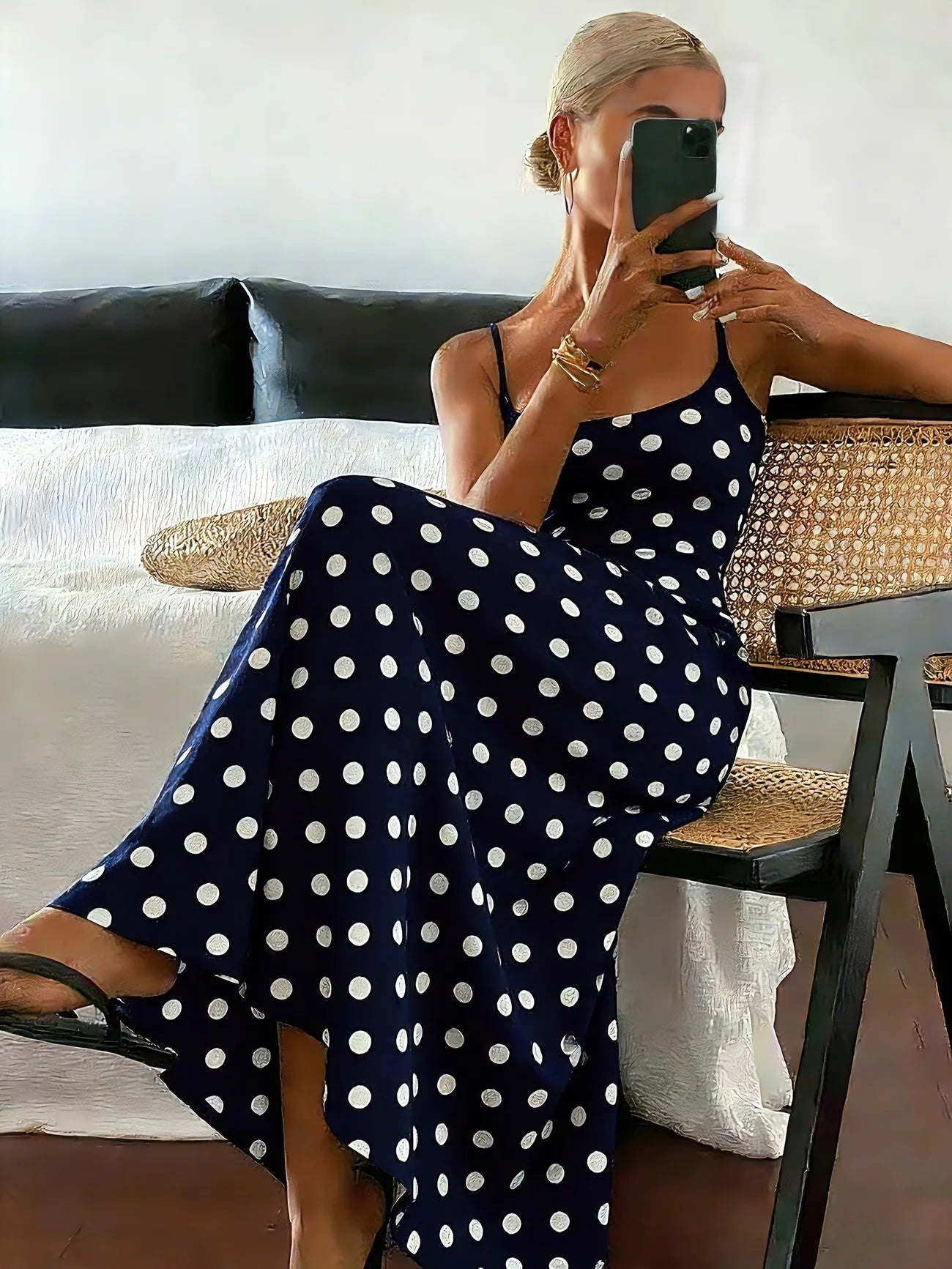 Ärmelloses eng anliegendes Midikleid aus Polyester mit Polka-Dots für Damen