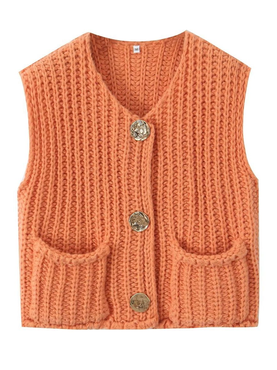 Damen Strickweste Ärmellos Mit Knopfleiste Und Taschen
