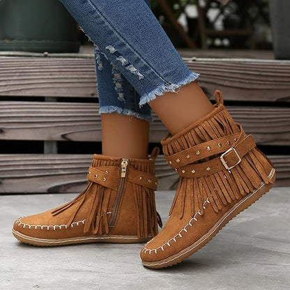 Damen Fransenstiefel Aus Weichem Wildleder Mit Dekorativem Riemen