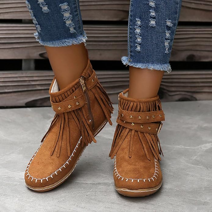 Damen Fransenstiefel Aus Weichem Wildleder Mit Dekorativem Riemen
