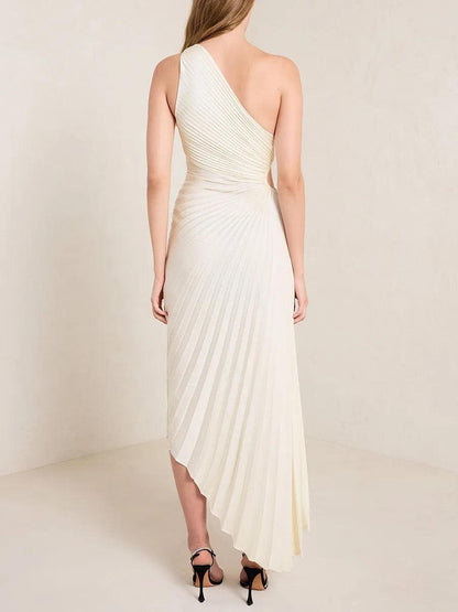 Ein-Schulter Faltenrock Poly Georgette Midi Kleid