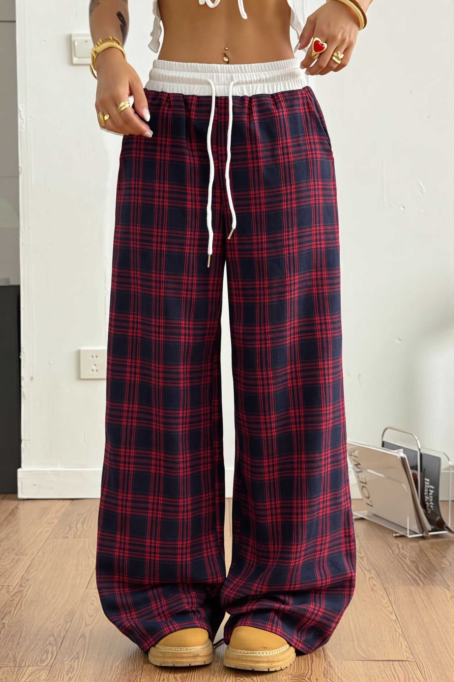 Damen Weite Karohose Mit Kordelzug