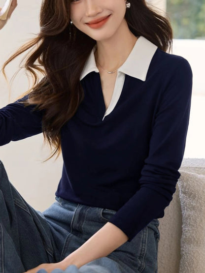 Damen Strick Langarm Polohemd Marineblau mit Kontrastkragen
