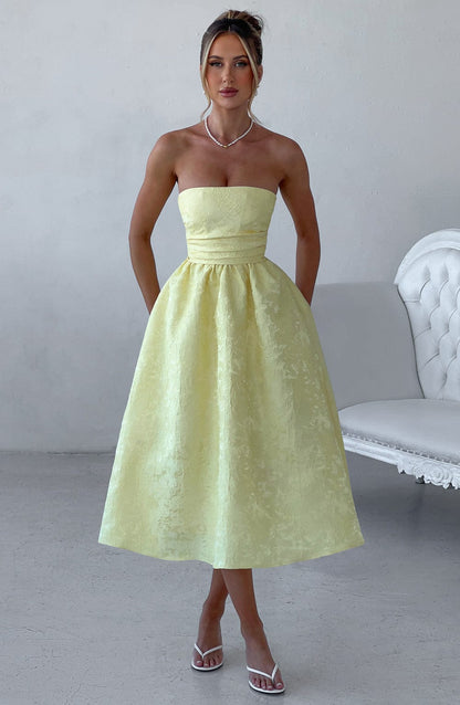 Floral Jacquard Trägerloses Midi-Kleid Zitrone