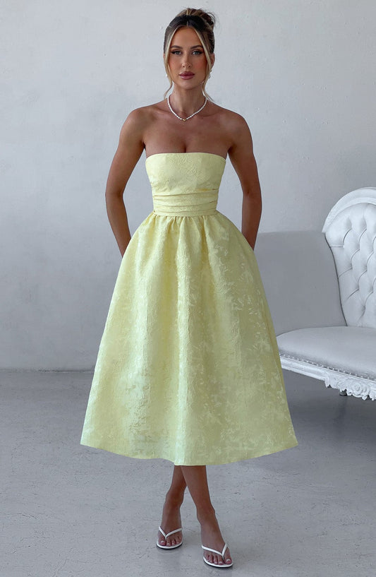 Floral Jacquard Trägerloses Midi-Kleid Zitrone