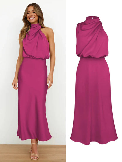 Damen Satin Midi Kleid mit asymmetrischem Ausschnitt