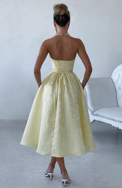 Floral Jacquard Trägerloses Midi-Kleid Zitrone