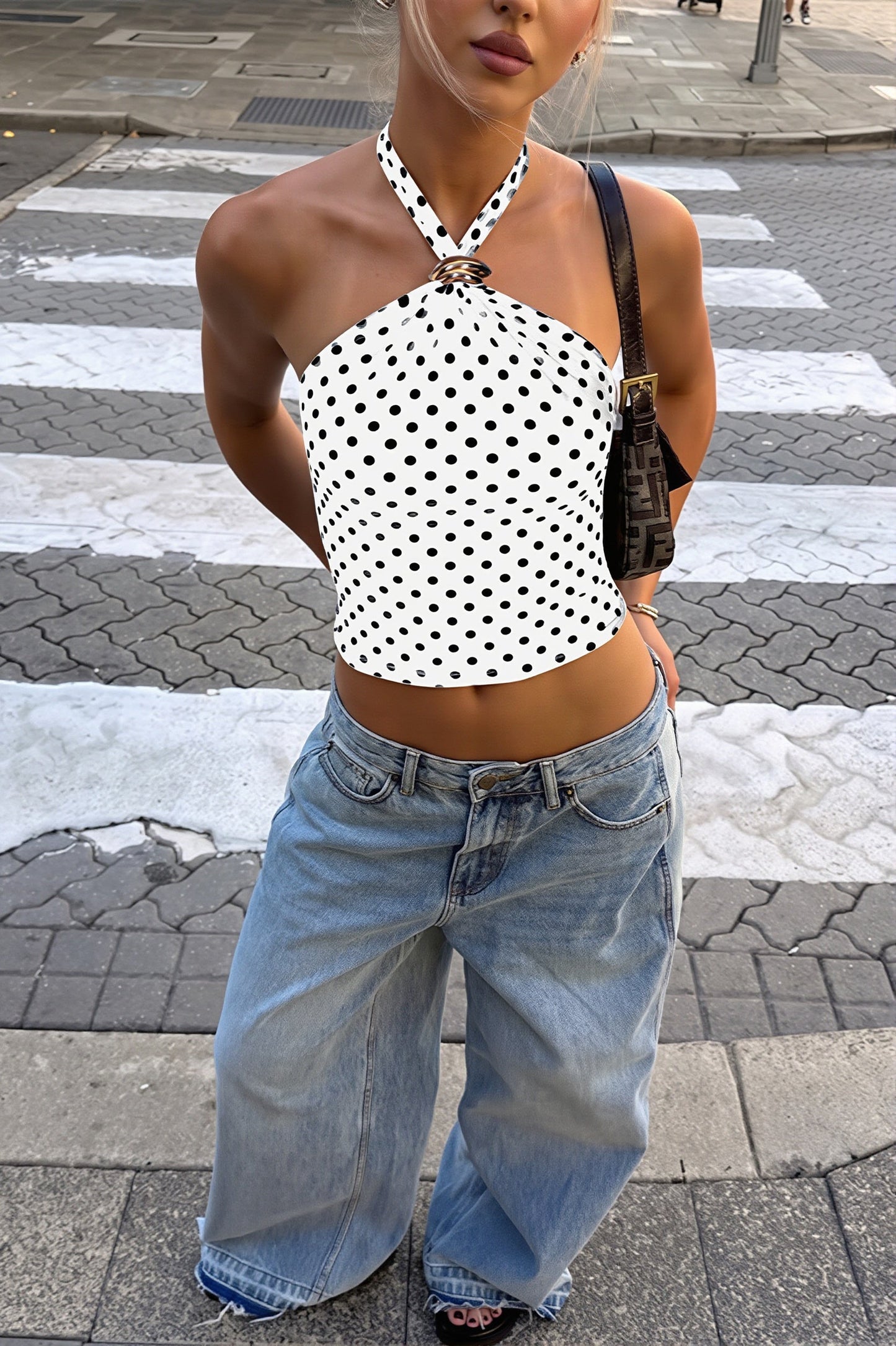Modisches Damen Neckholder-Tanktop mit Punktmuster und Mesh
