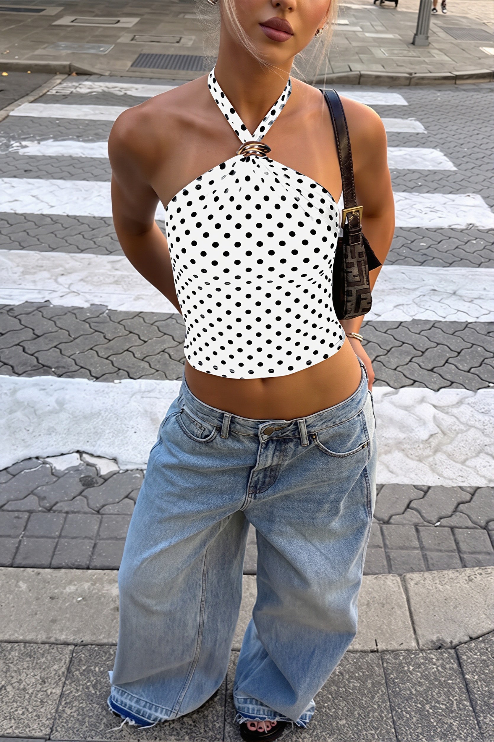 Modisches Damen Neckholder-Tanktop mit Punktmuster und Mesh