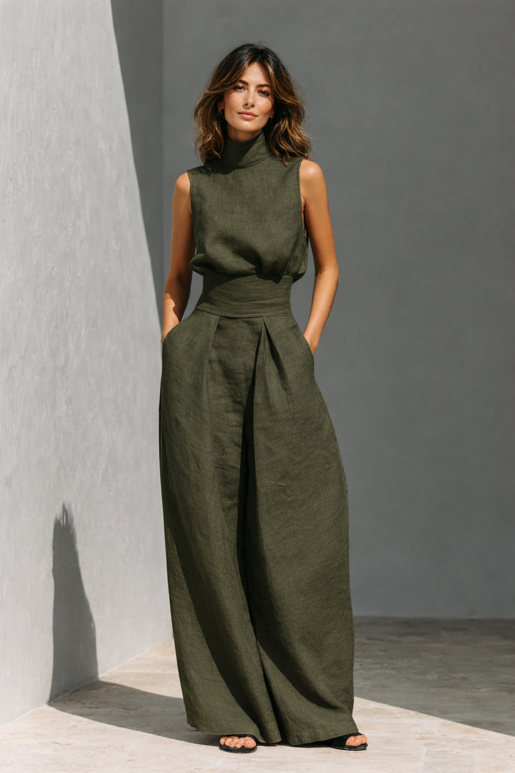 Maria - Minimalistisches Set aus Baumwoll-Leinen-Tanktop und weitem Hosenbein