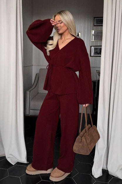 Damen Strickset Mit V Ausschnitt Und Weitbeiniger Hose