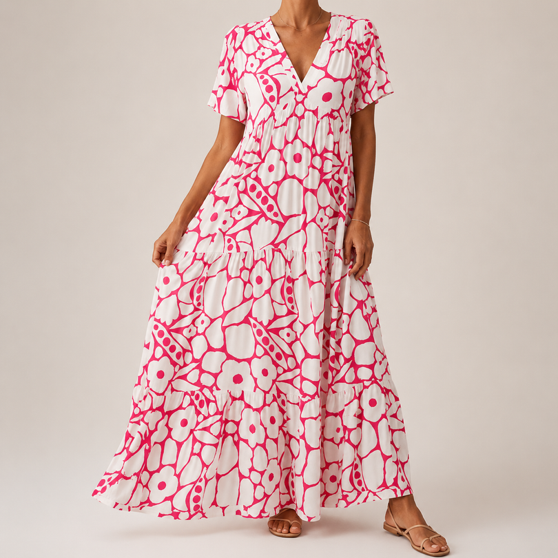 Atmungsaktives Maxikleid mit Blumenmuster und Stufenrock