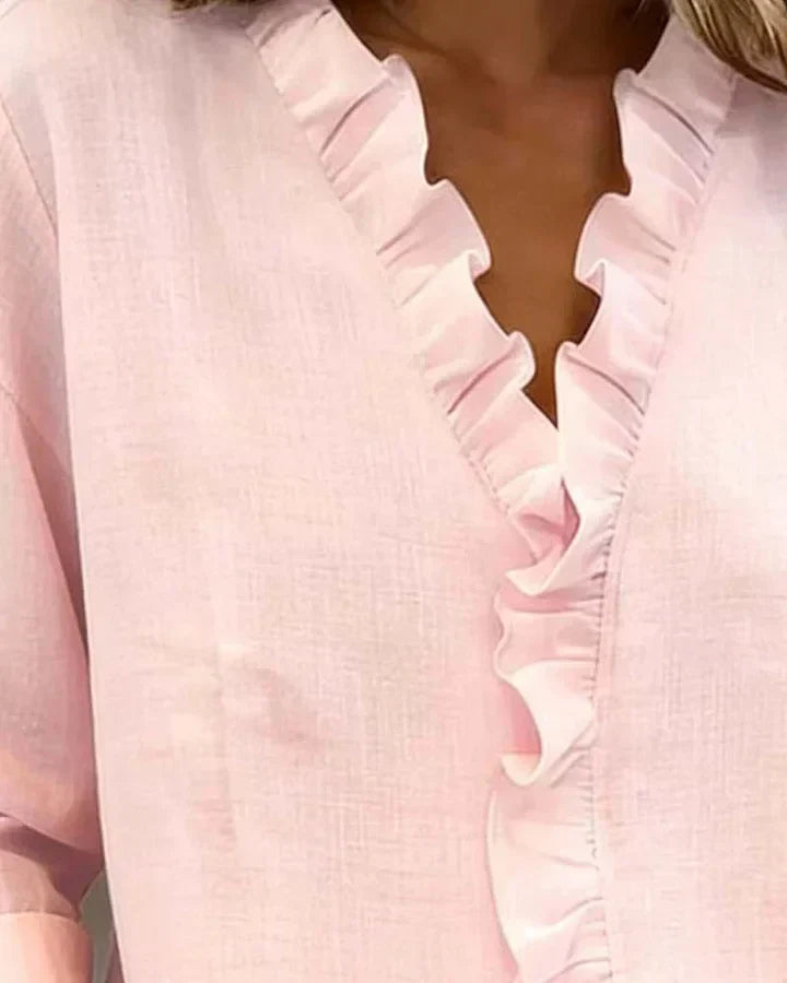 Bluse mit Rüschen und V-Ausschnitt, langärmlig