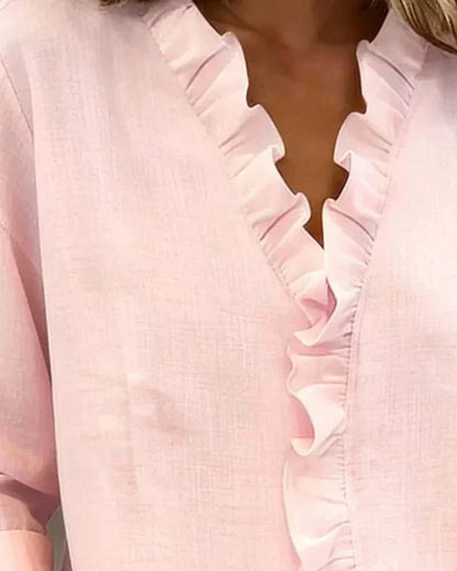 Bluse mit Rüschen und V-Ausschnitt, langärmlig