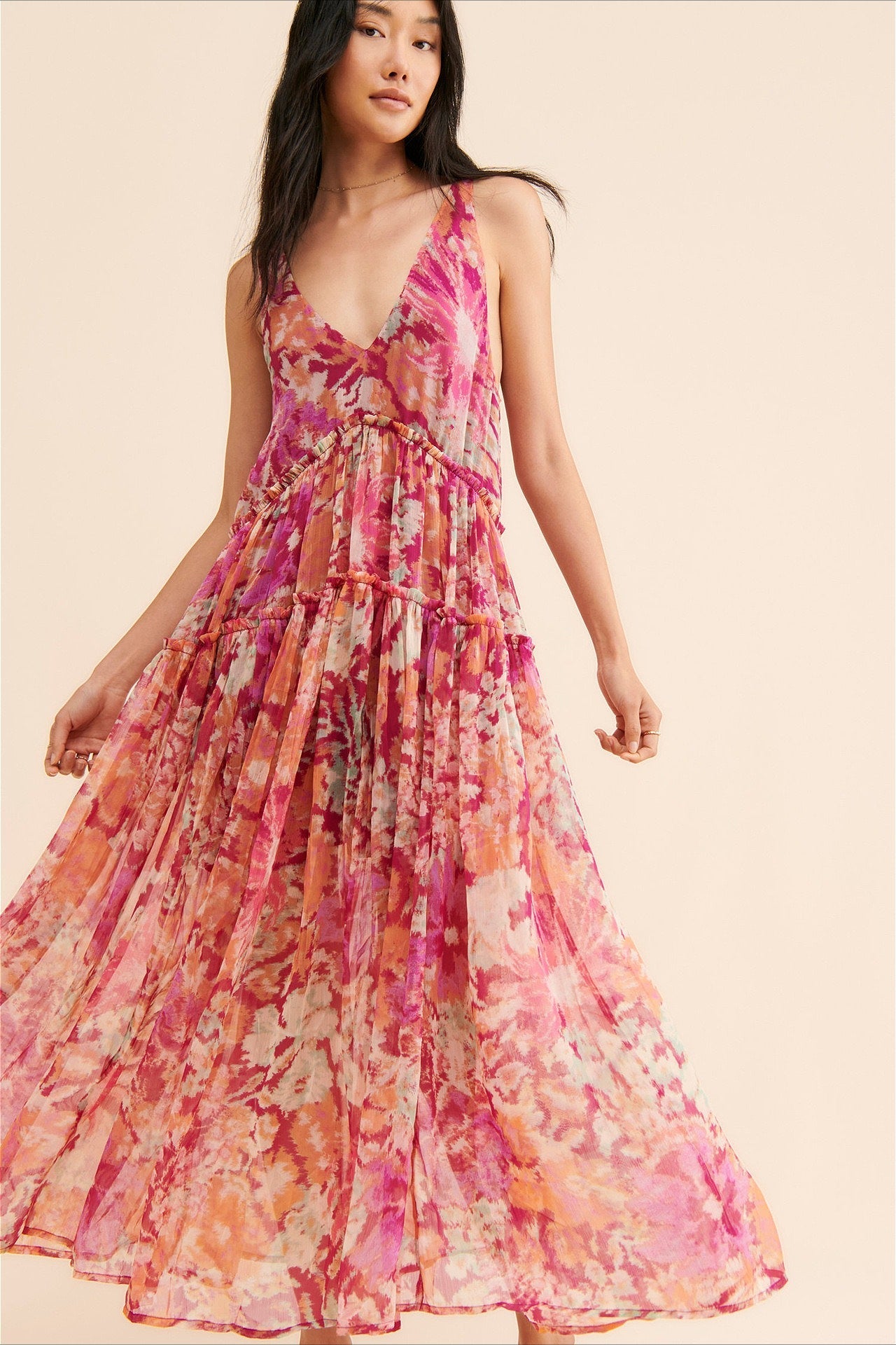 Damen Maxikleid mit Blumenprint im Boho-Stil, ärmellos, Vorderansicht