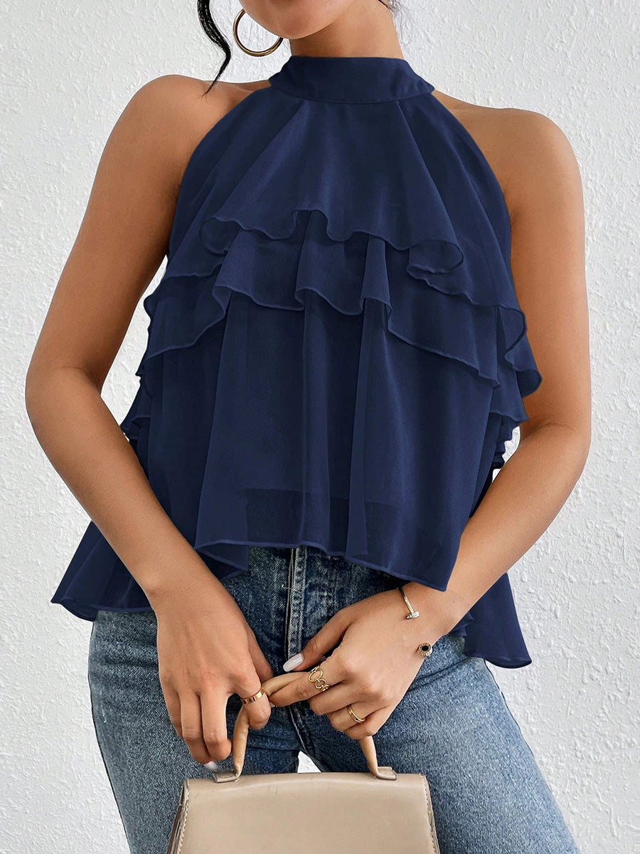 Detailansicht des leichten Chiffonstoffs am Damen Tanktop mit Volants