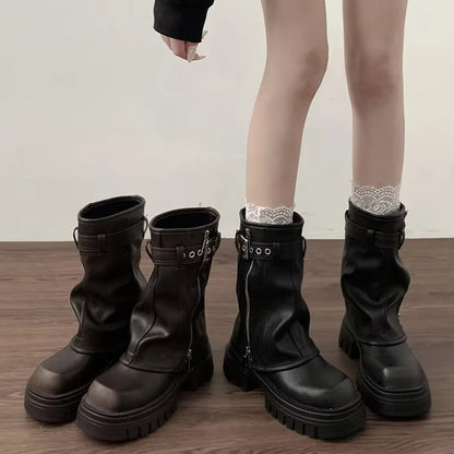 Women's Biker Boots Platform Flat Buckle Ankle Boots