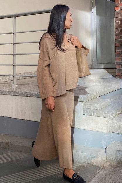 Damen Strickset Mit V Ausschnitt Und Midirock
