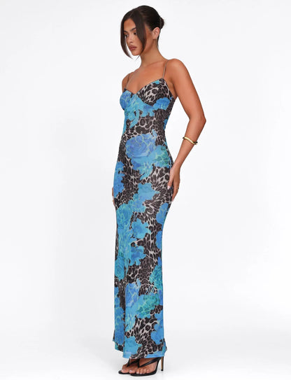 Floral bedrucktes Bodycon-Maxikleid mit Sweetheart-Ausschnitt in Blau