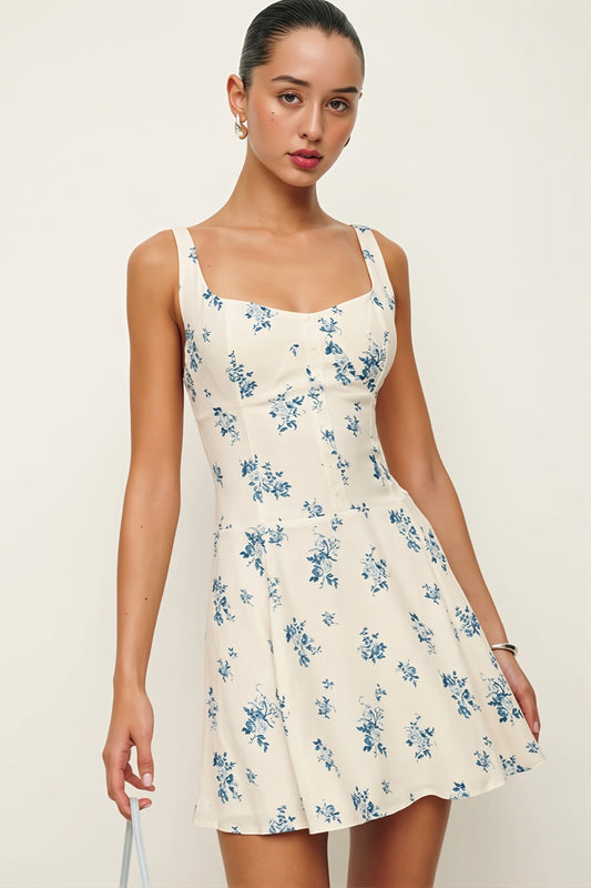 Damen-Minikleid mit Blumenprint und quadratischem Ausschnitt in A-Linie, Vorderansicht