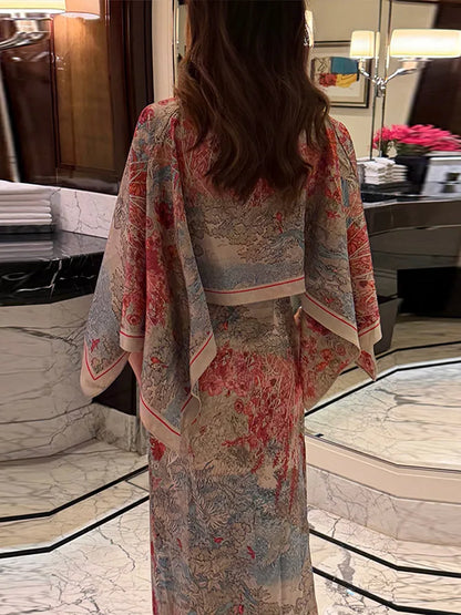 Maxikleid für Damen mit figurbetontem Schnitt, Blumenmuster, Cape-Overlay und Stola