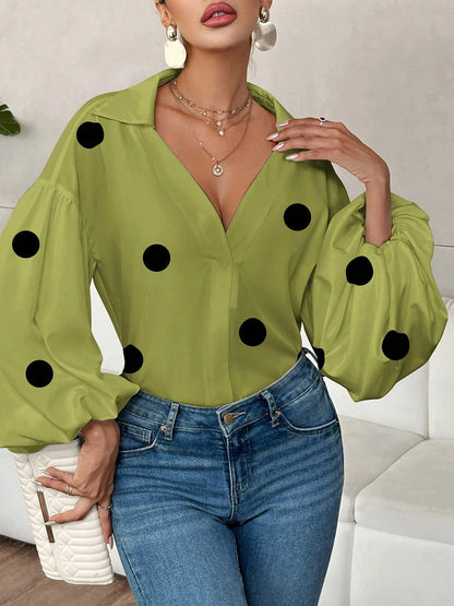 Damen Bluse Mit Polka Dot Falten Und Reverskragen