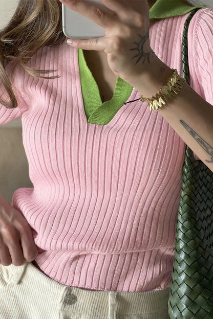 Gerippte Vorderansicht des Damen Polo-Strickshirts