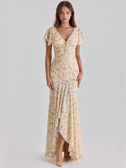 Damen-Maxikleid mit floralem Muster und V-Ausschnitt