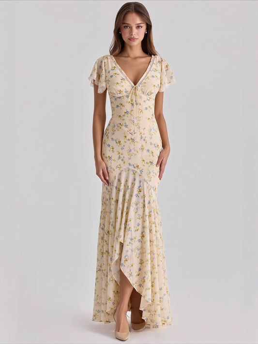 Damen-Maxikleid mit floralem Muster und V-Ausschnitt