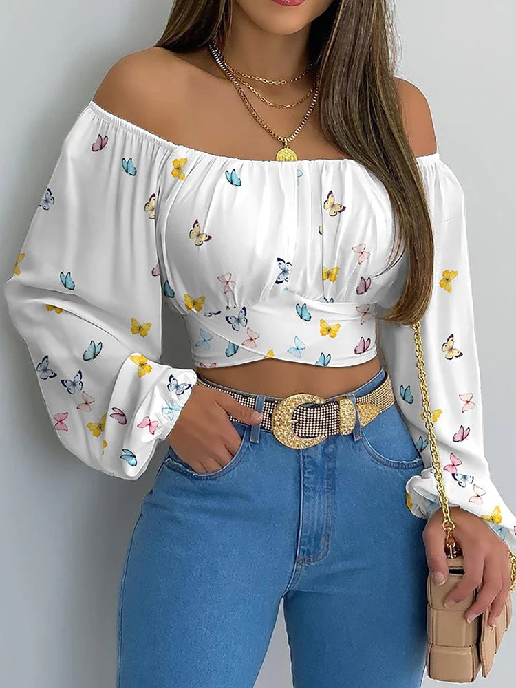 Damen Schulterfreie Kurzbluse mit Ballonärmeln