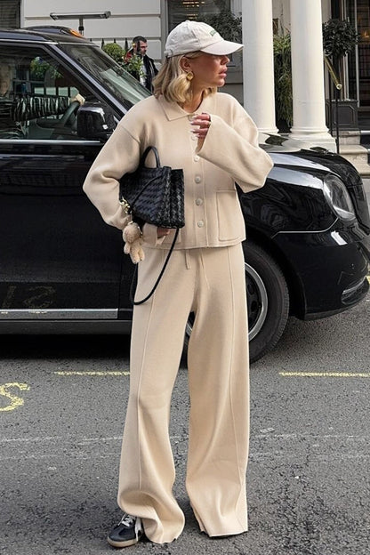 Damen Strickset Mit Kragen Und Weiten Hosen