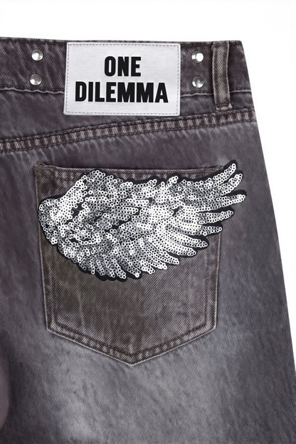Weite Patchwork-Jeans für Damen mit geradem Bein im Detail