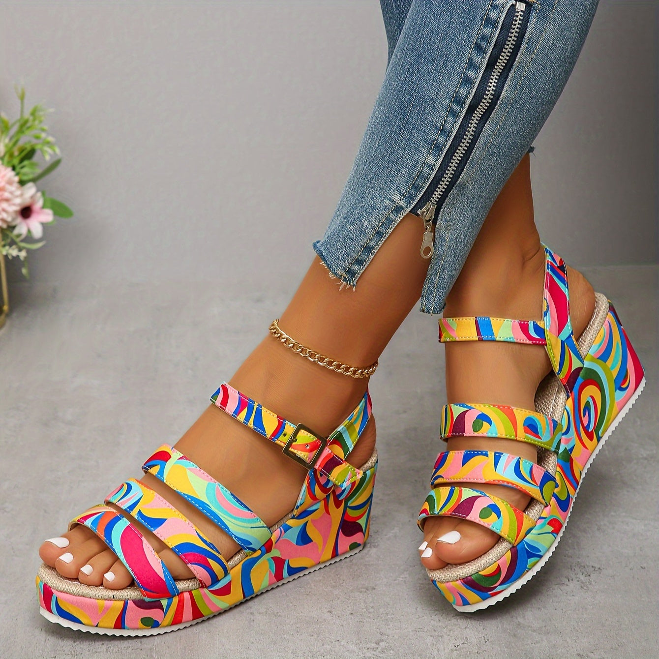 Bunte Damen-Keilsandalen mit Plateau aus seitlicher Perspektive