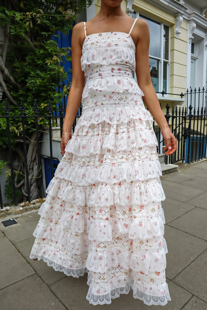 Damen Maxikleid mit Print und Volants in Rückansicht