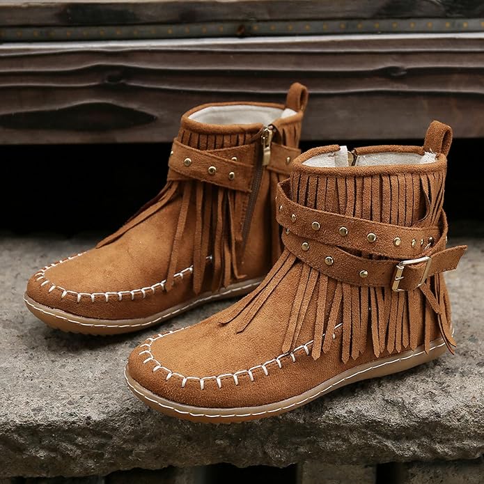 Damen Fransenstiefel Aus Weichem Wildleder Mit Dekorativem Riemen