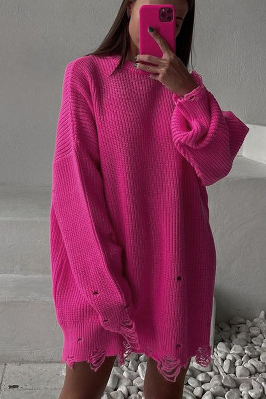 Damen Oversize Strickpullover mit Rollkragen und ausgefranstem Saum