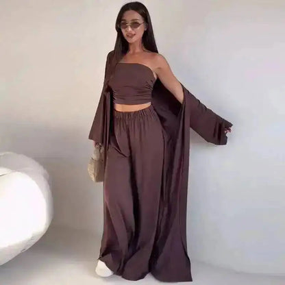 Damen Trägerloses Oberteil Langärmeliges Cardigan Weite Hose Set