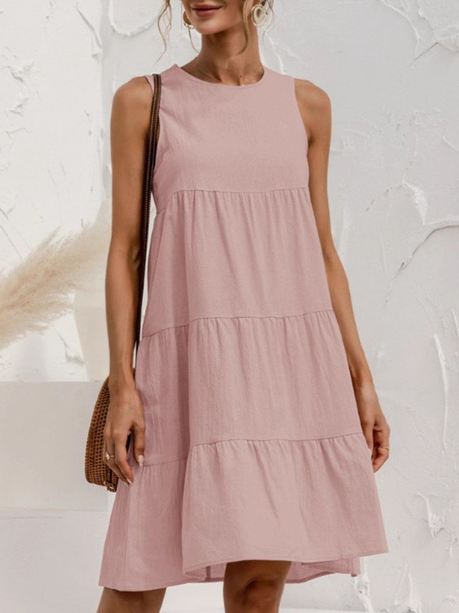 Damen Minikleid A Linie Mit Falten Und Rundhalsausschnitt