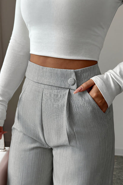 Damen Weite High Waist Hose Mit Knopfleiste